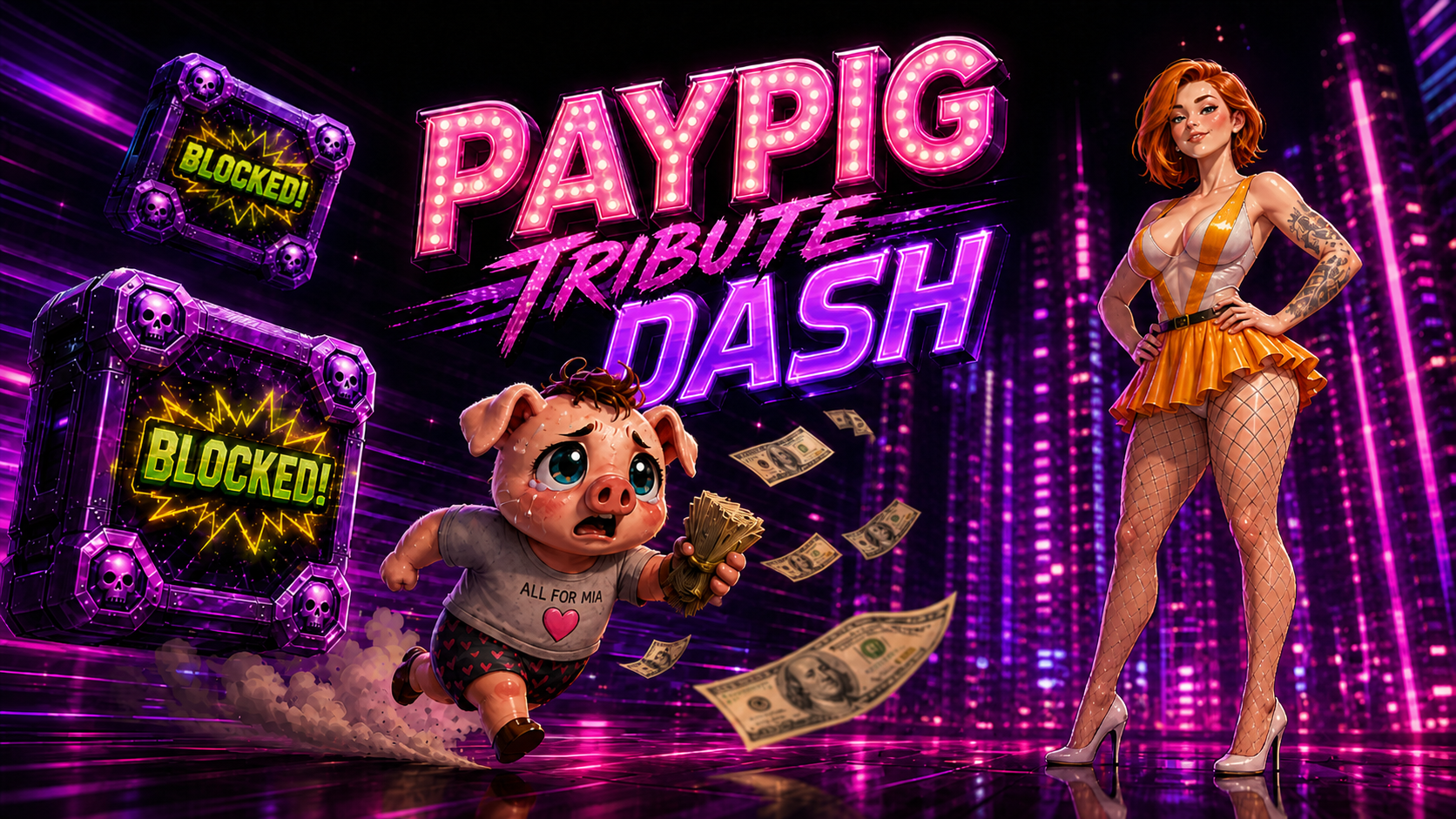 Paypig Tribute Dash findom game with Goddess Mia, cash, and block obstacles