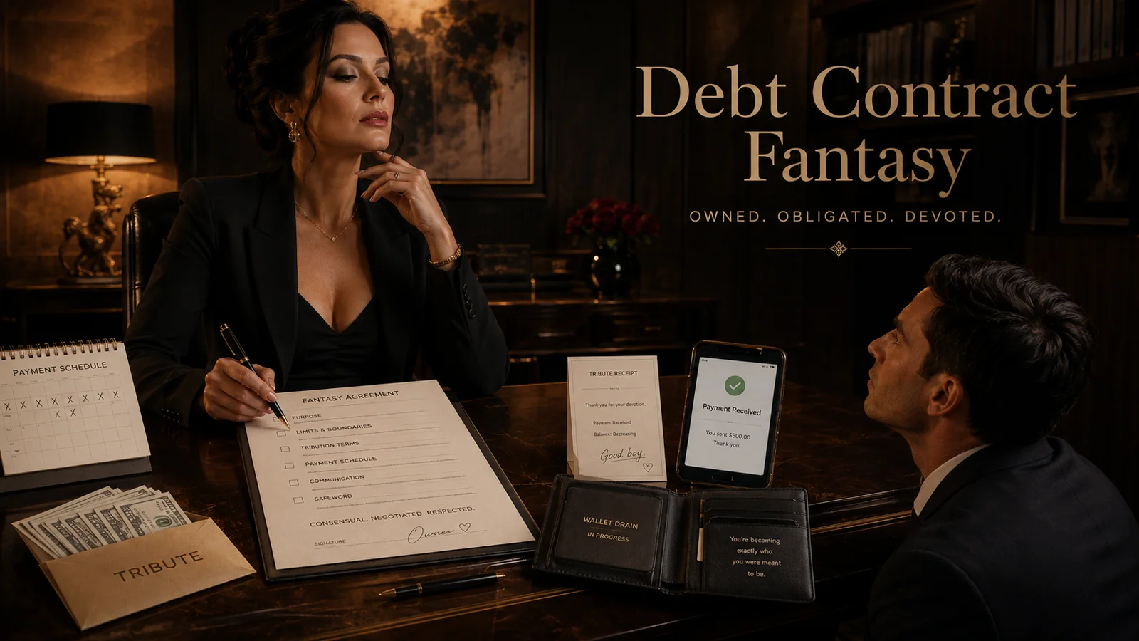 Debt contract fantasy scene with a dominant woman reviewing a consensual financial domination agreement, tribute envelope, payment schedule, and submissive man.