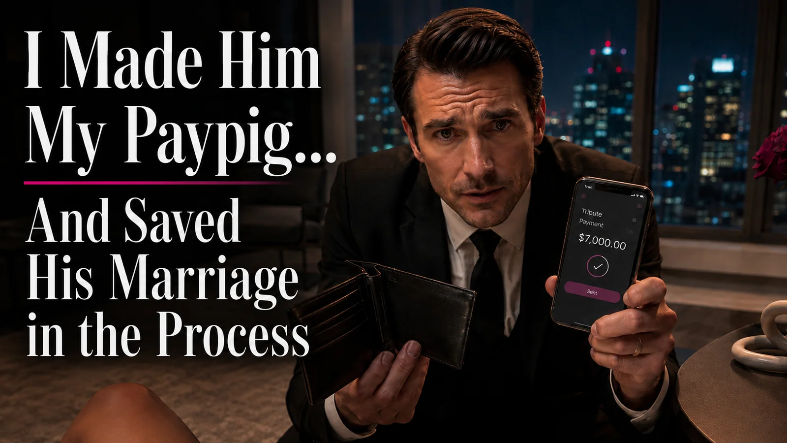 Man on his knees showing the camera his empty wallet and his phone screen showing a $7000 tribute.
