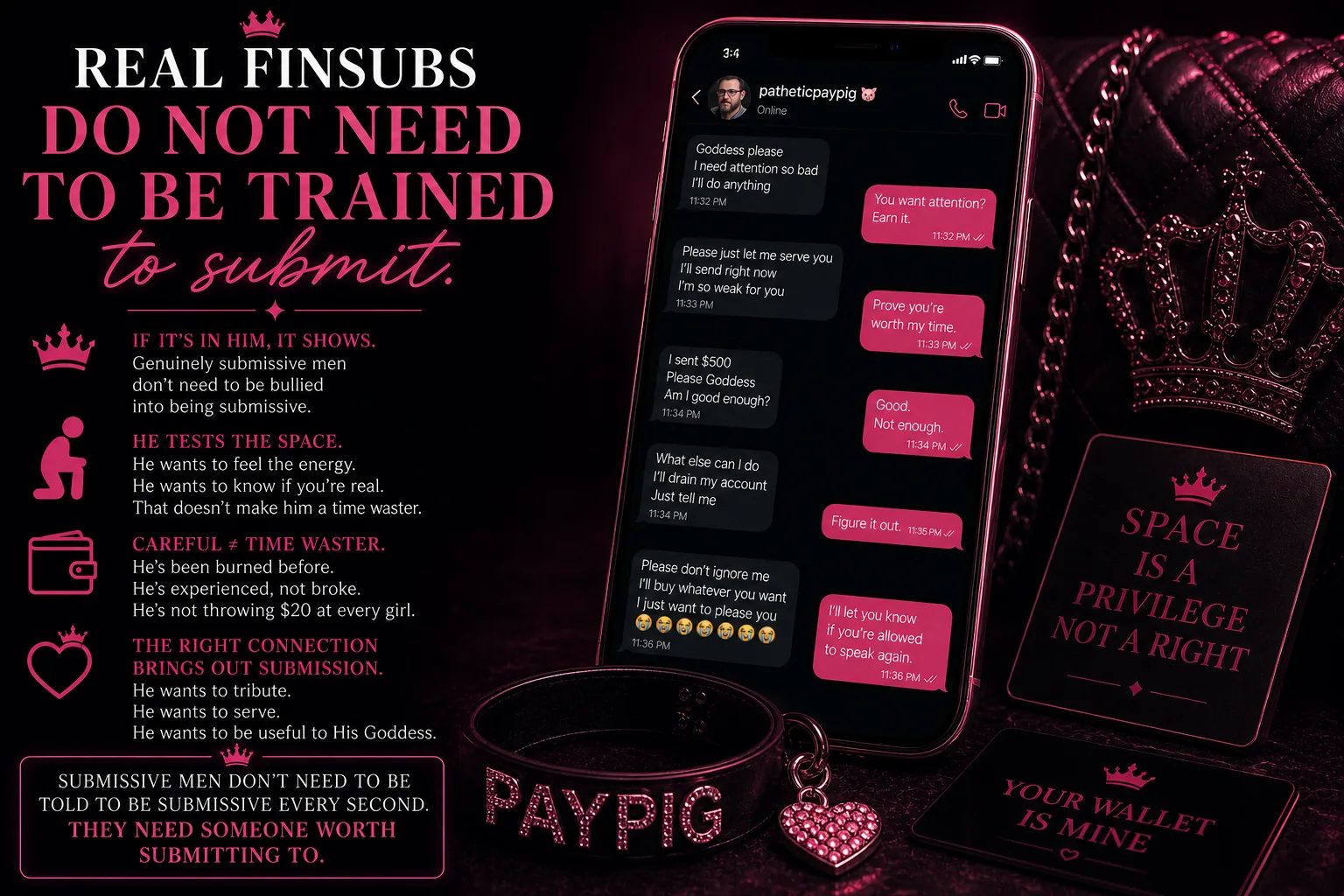 Graphic with the headline “Real finsubs do not need to be trained to submit,” featuring a stylized chat conversation showing financial offers and responses, alongside text emphasizing natural submission, boundaries, and power dynamics in financial domination.